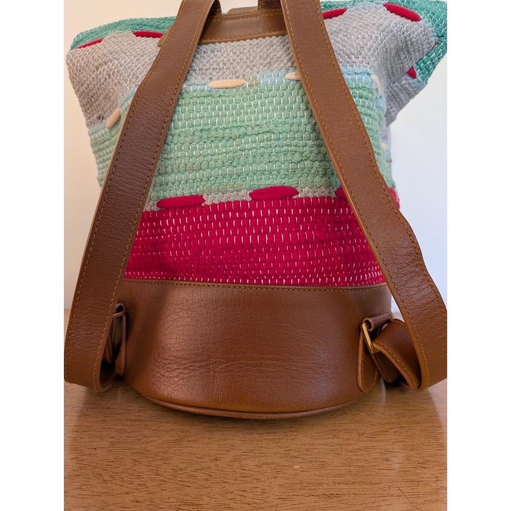 Boho Woven Textile Leather Bucket Backpack Fringe Multi-Color Striped Purse - Picture 3 of 14